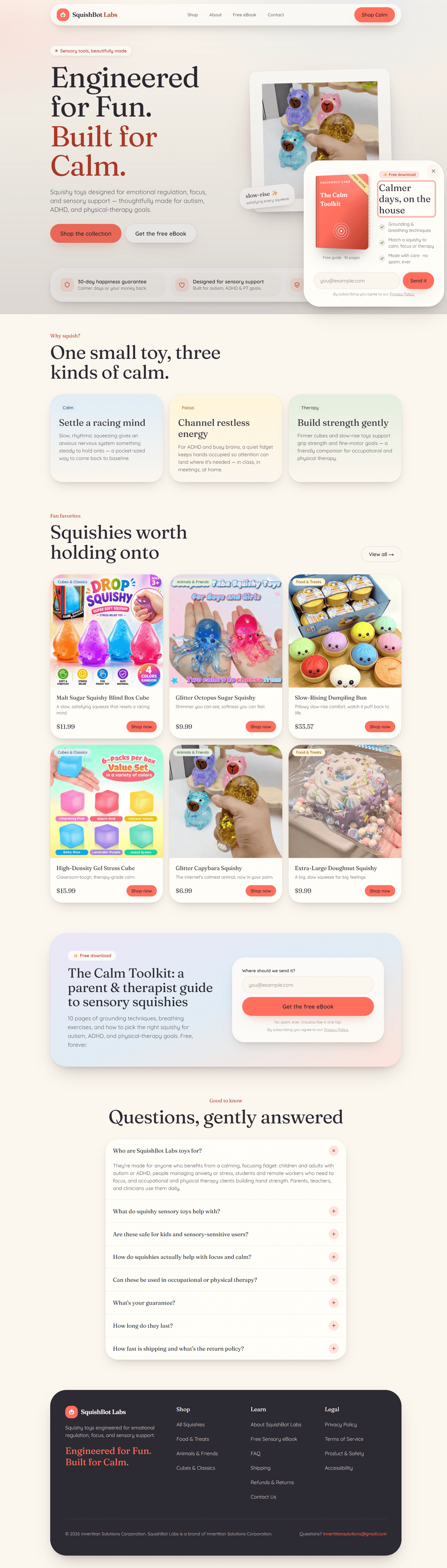 SquishBot Labs — sensory toy brand site, full page